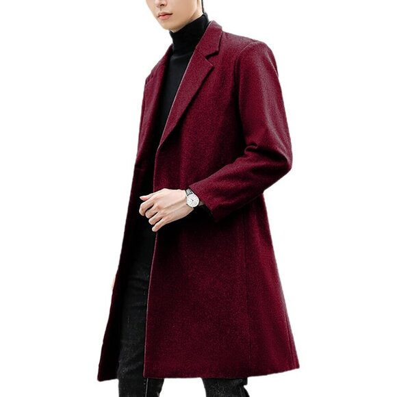 Mens Wine red Wool Blend Trench Coat Notch Lapel Camel Peacoats Winter Overcoat - Picture 3 of 8
